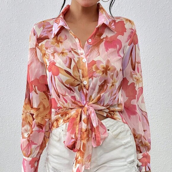 Baby Pink Boho Women's Floral Lantern Long Sleeve Shirt - Picture 3 of 6